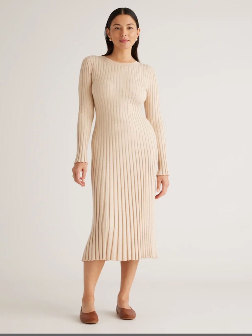 Quince Cotton Cashmere Ribbed Long Sleeve Crew Midi Dress / Heather
Oatmeal / M